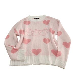 Kawaii Womens Pink Heart Bunny Knit Sweater Oversized Crewneck Small Soft girl